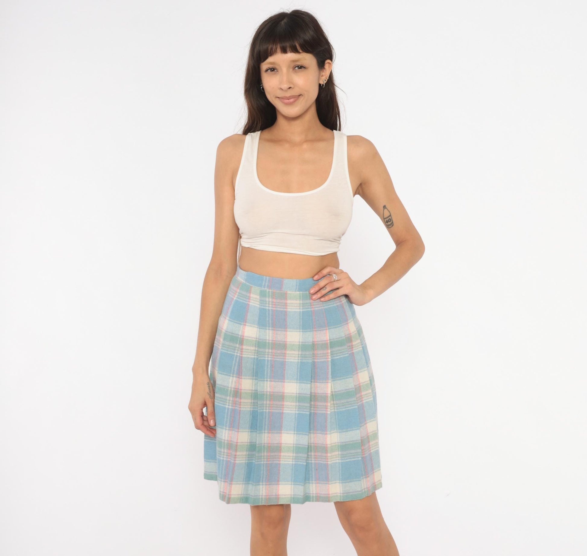 90s Pastel Plaid Pleated Skirt Wool Blend Blue Pink Green Tartan Knee-Length Extra Small