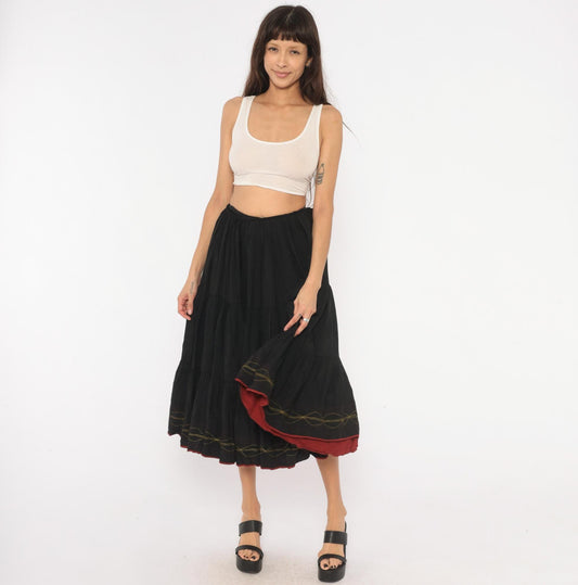 60s Black Tiered Midi Skirt Gold Embroidered Gathered Waist Acetate Extra Small XS