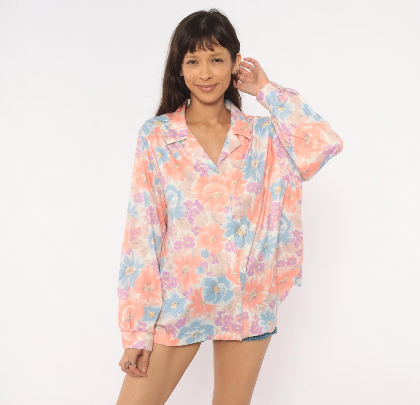 80s The Fire Islander Woman Floral Button Blouse Coral Periwinkle Large L