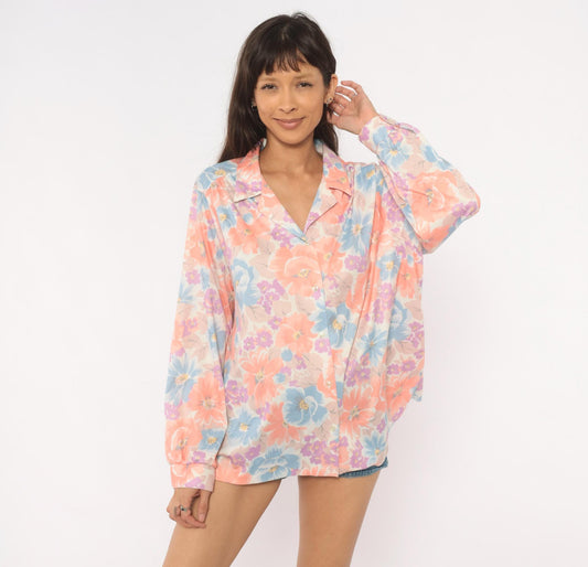 80s The Fire Islander Woman Floral Button Blouse Coral Periwinkle Large L