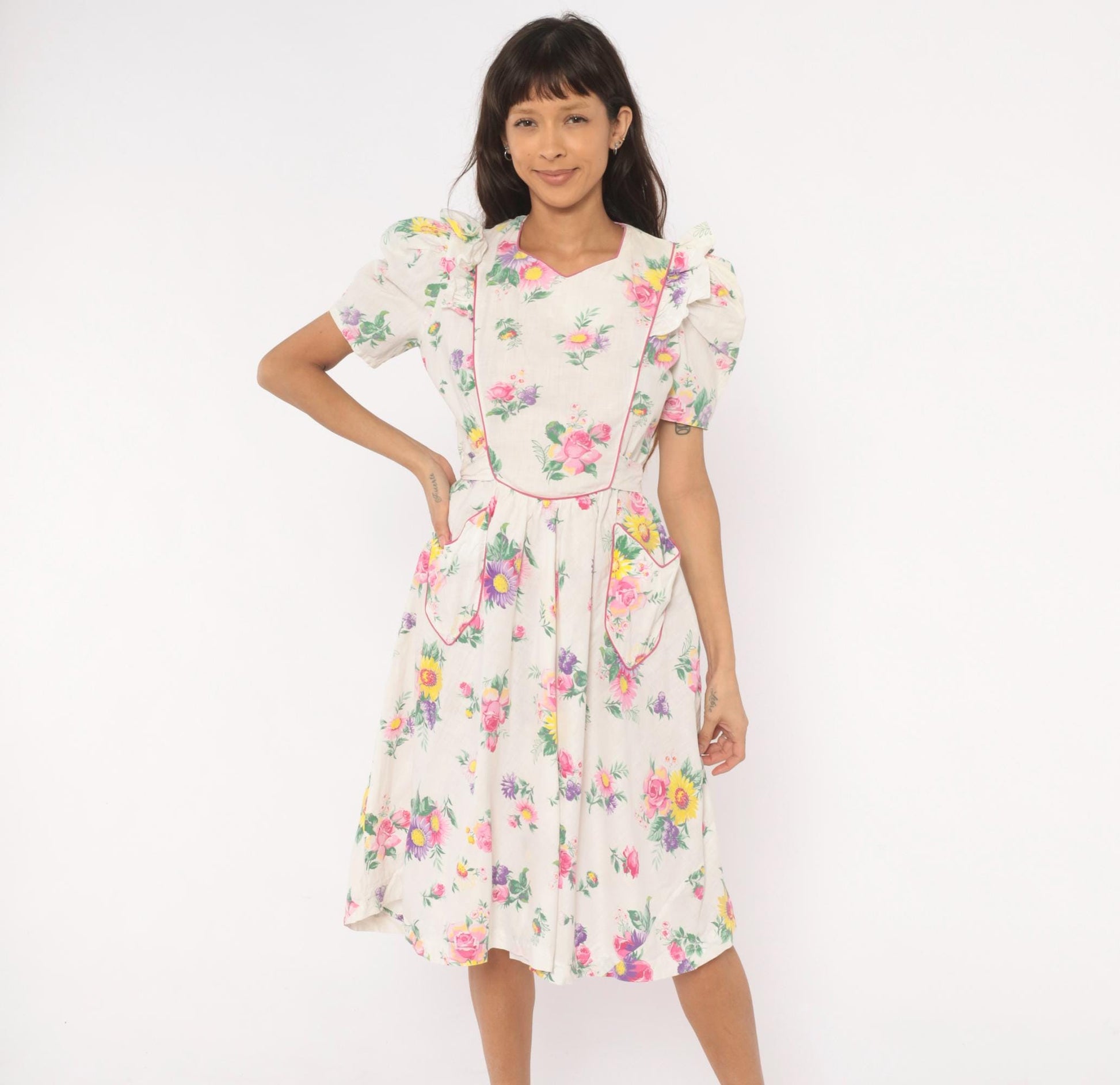 1950s Floral Cotton Dress Puff Sleeve V-Neck Pink White Rose Print Medium