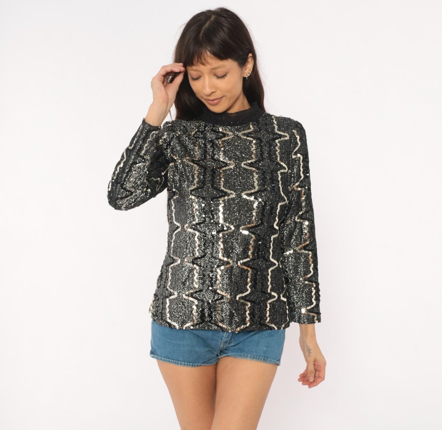 90s Elinor Gay Black Silver Sequin Blouse Geometric Zigzag Long Sleeve Medium