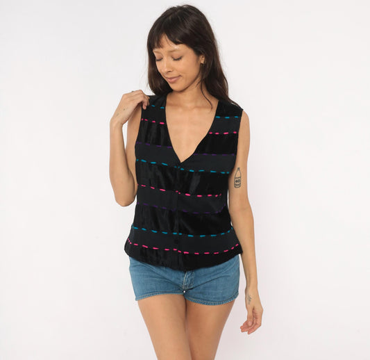 90s Willow Ridge Black Sleeveless Blouse Velvet Embroidered V Neck Small Petite