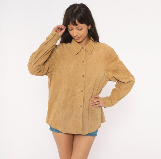 2000s Coldwater Creek Suede Shirt Embossed Floral Camel Button-Front Large L