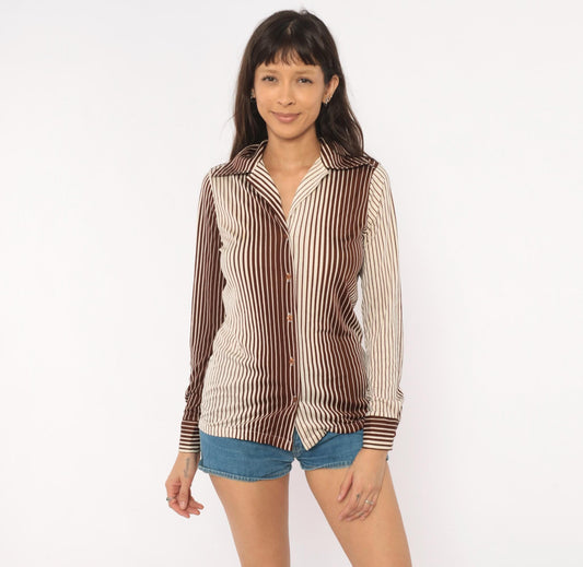 70s Sears Striped Button Front Blouse Brown Cream Pointed Collar Medium