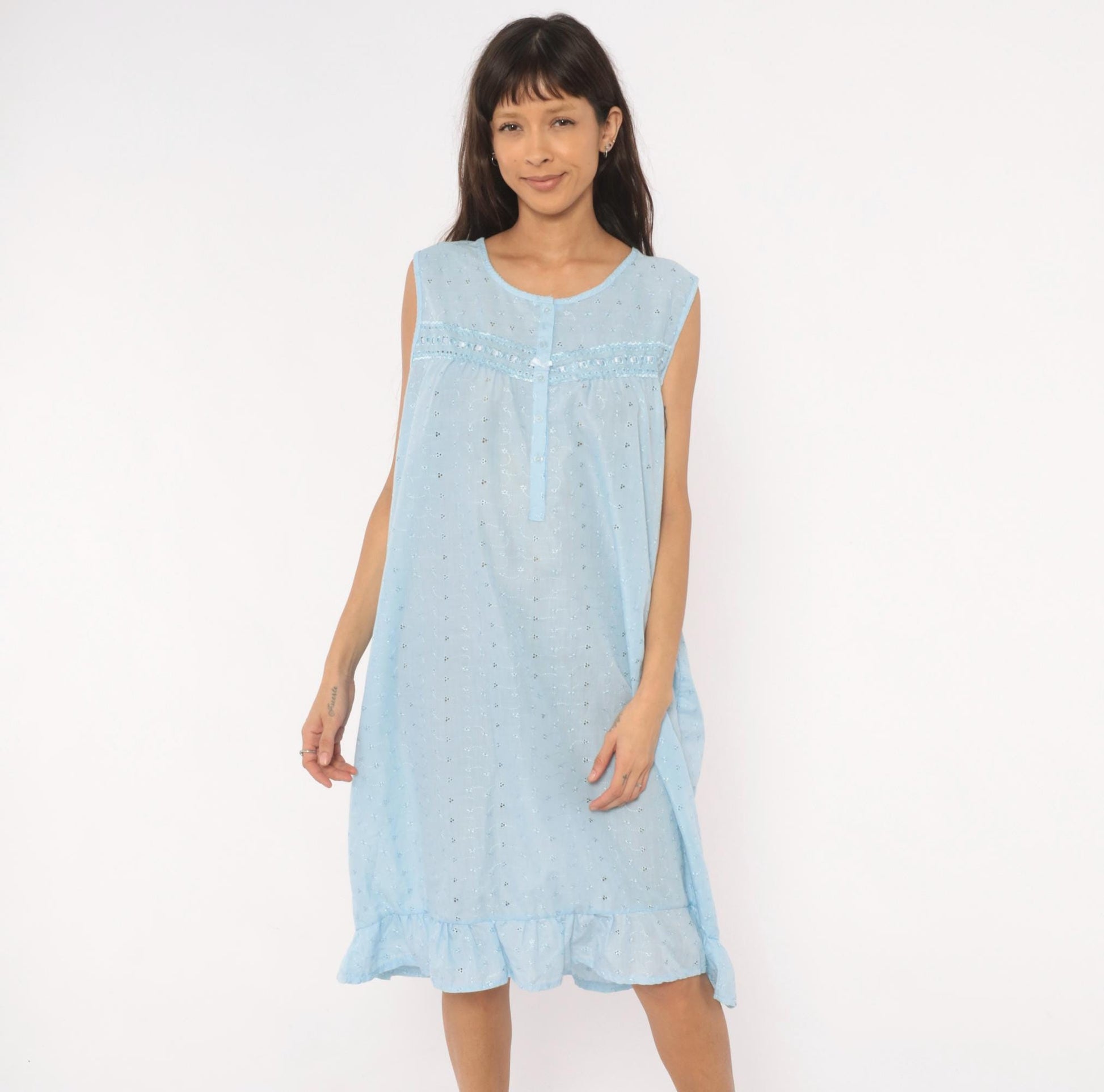 80s Lali Fashion Sky Blue Eyelet Nightgown Babydoll Sleeveless Large L