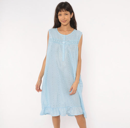 80s Lali Fashion Sky Blue Eyelet Nightgown Babydoll Sleeveless Large L