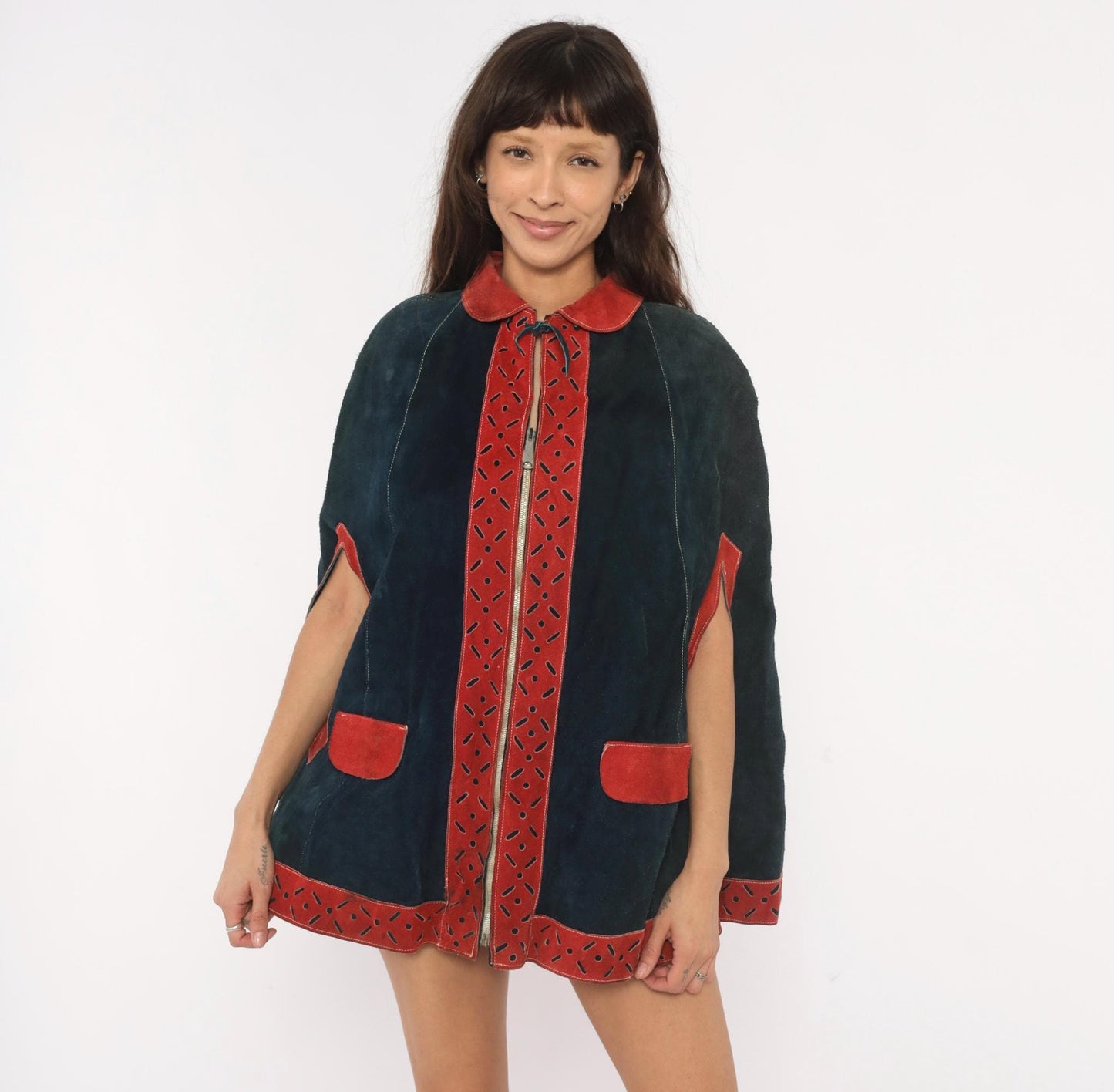 1970s Navy Suede Cape Red Leather Trim Peter Pan Collar Mod Poncho Small