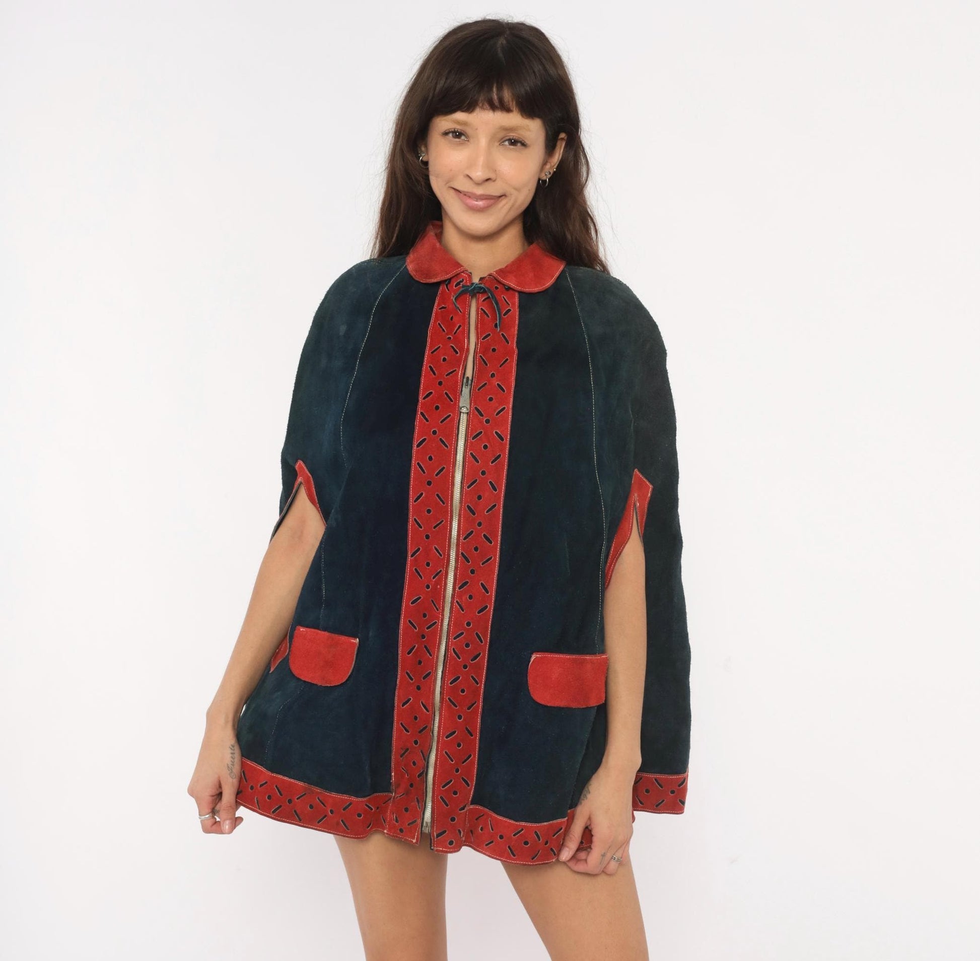 1970s Navy Suede Cape Red Leather Trim Peter Pan Collar Mod Poncho Small