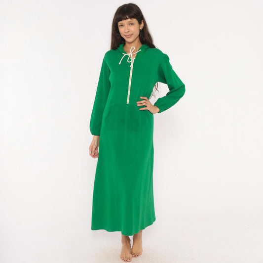 80s Sportwear Emerald Green Hooded Maxi Dress Half-Zip Balloon Sleeve Medium