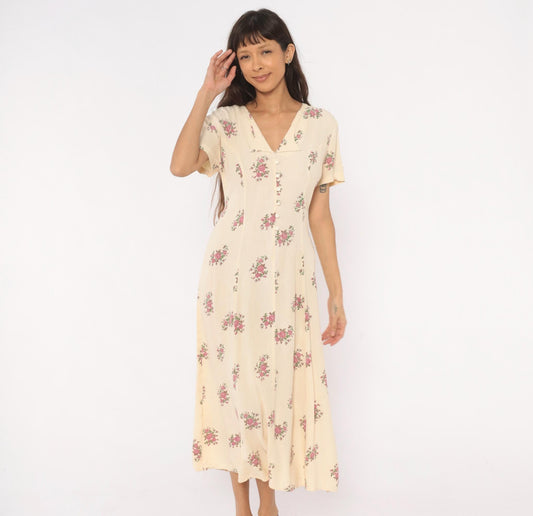 90s Ultra Dress Cream Floral Midi Button Front V Neck Lace Up Back Medium
