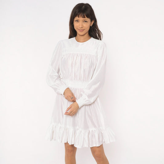80s White Iridescent Babydoll Dress Puff Sleeve Lace Yoke Mini Medium Large
