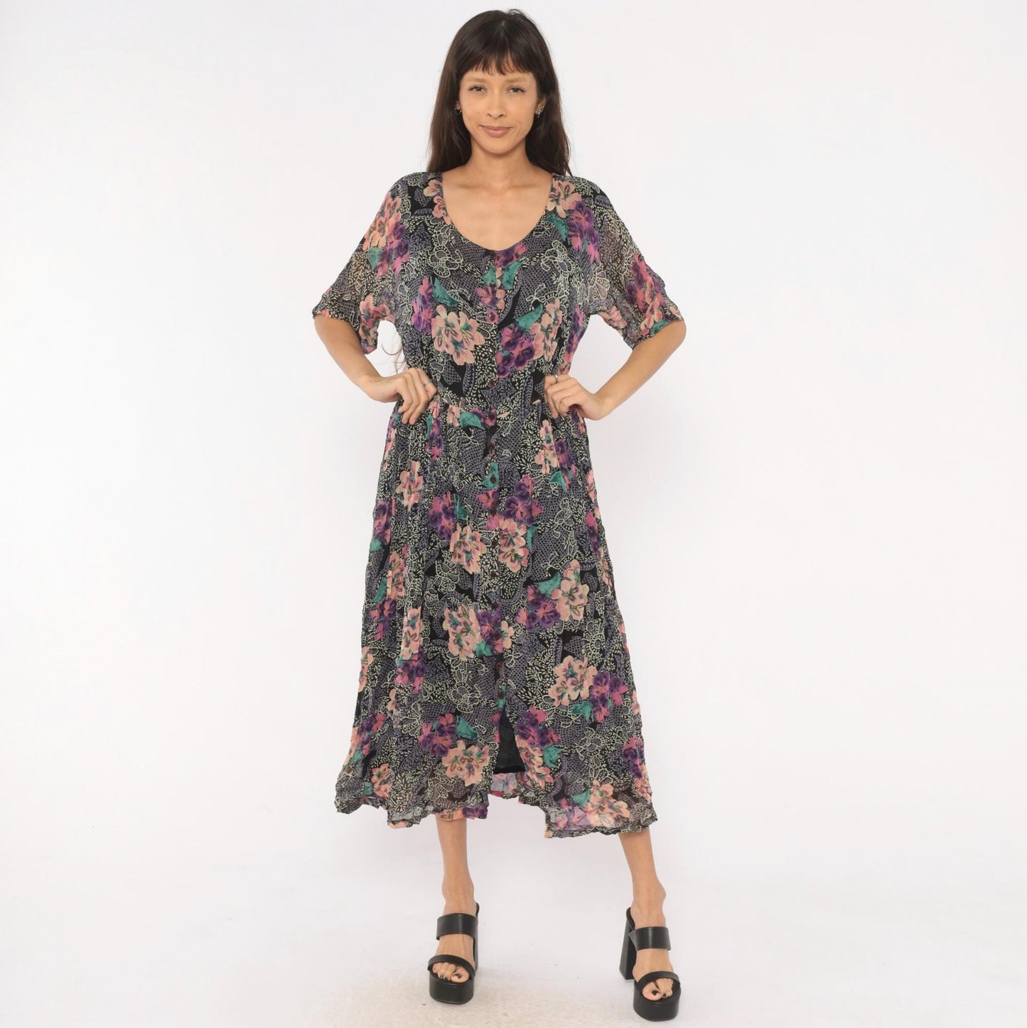 90s Nostalgia Floral Midi Dress Button Front Short Sleeve Purple Pink Teal Medium