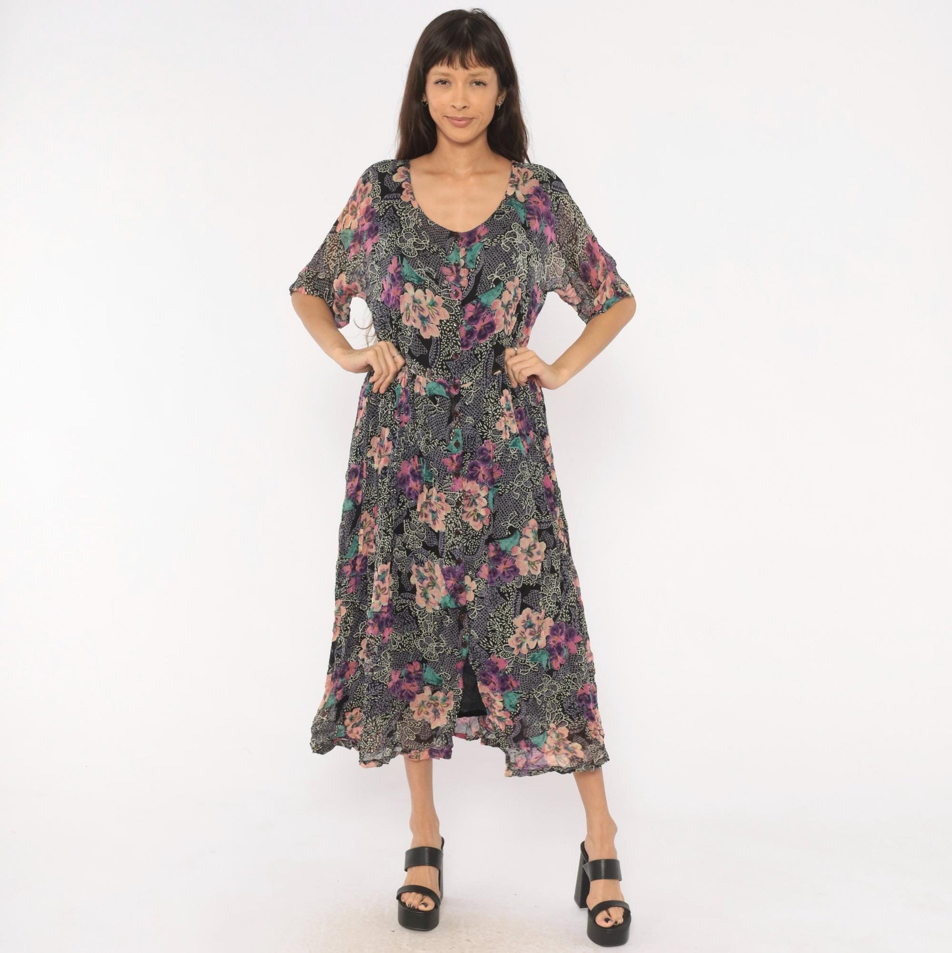 90s Nostalgia Floral Midi Dress Button Front Short Sleeve Purple Pink Teal Medium