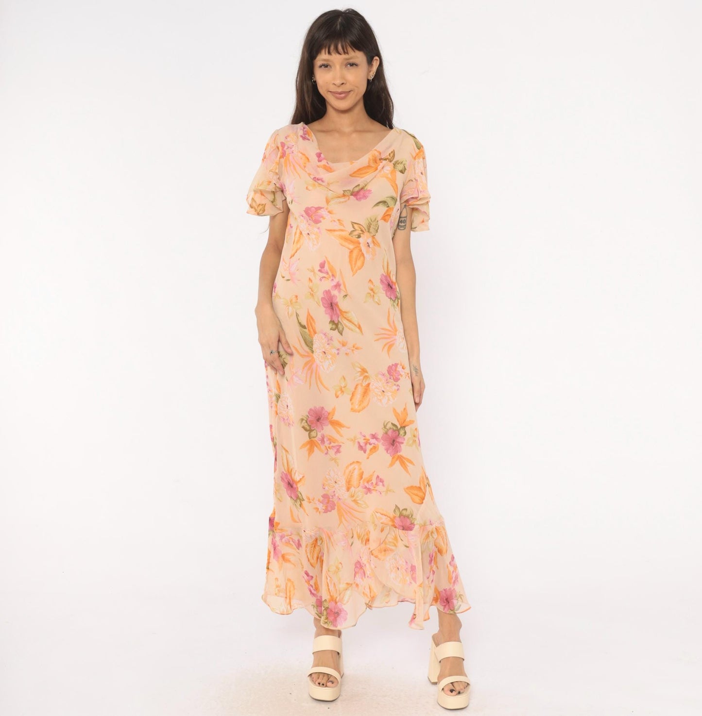 80s Jessica Taylor Peach Floral Maxi Dress Flutter Sleeve Cowl Neck Large L