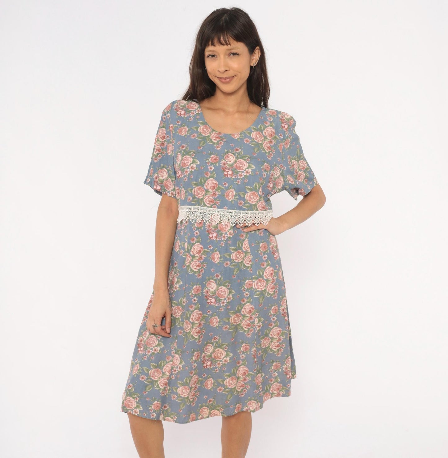 90s Ms. Basia California Floral Dress Dusty Blue Rose Print Flutter Sleeve Large L