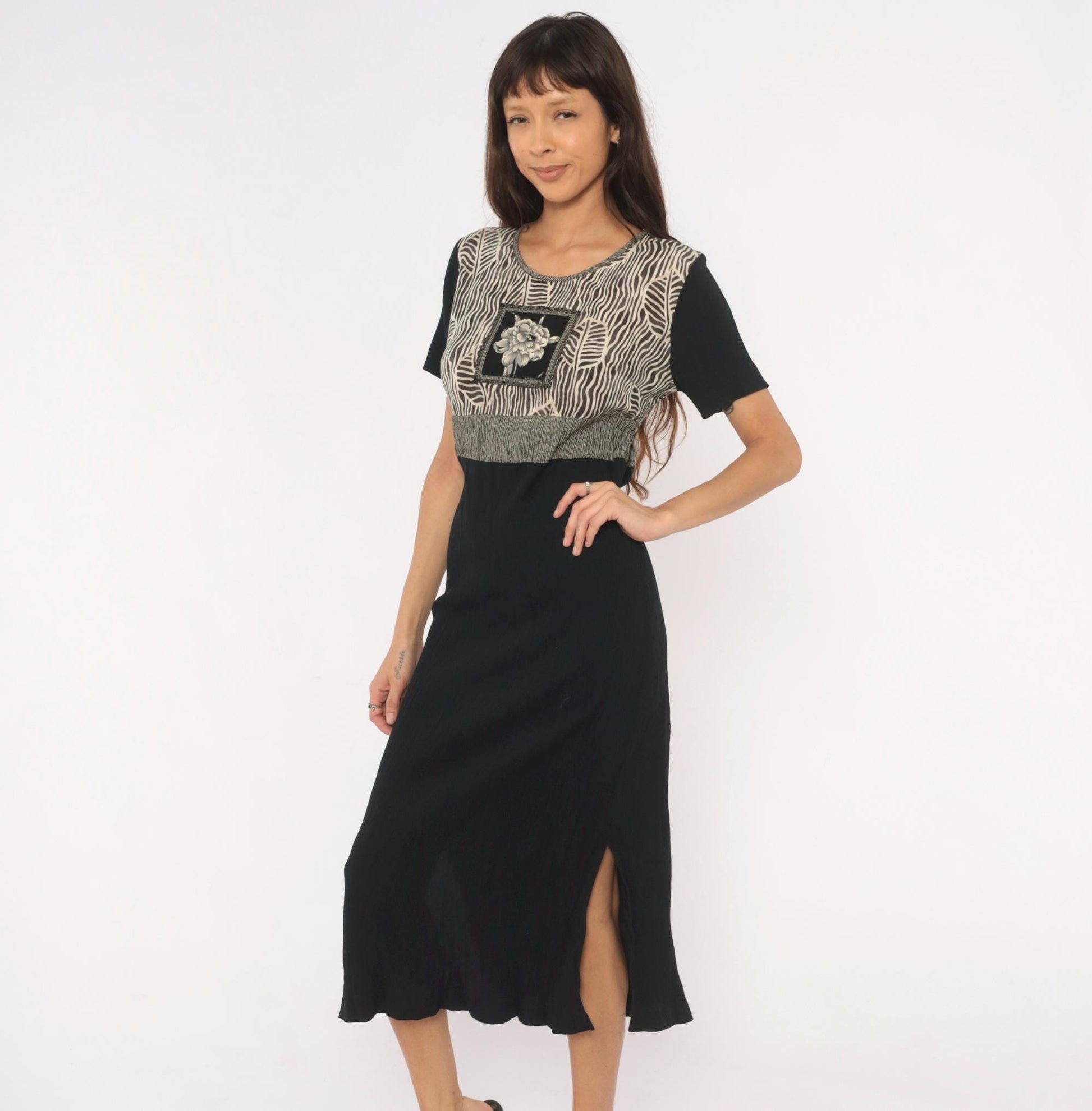 90s Naturally Petite Zebra Leaf Midi Dress Black Cream Floral Small