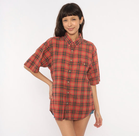 90s Resilio Red Plaid Cotton Button-Down Shirt Short Sleeve Small