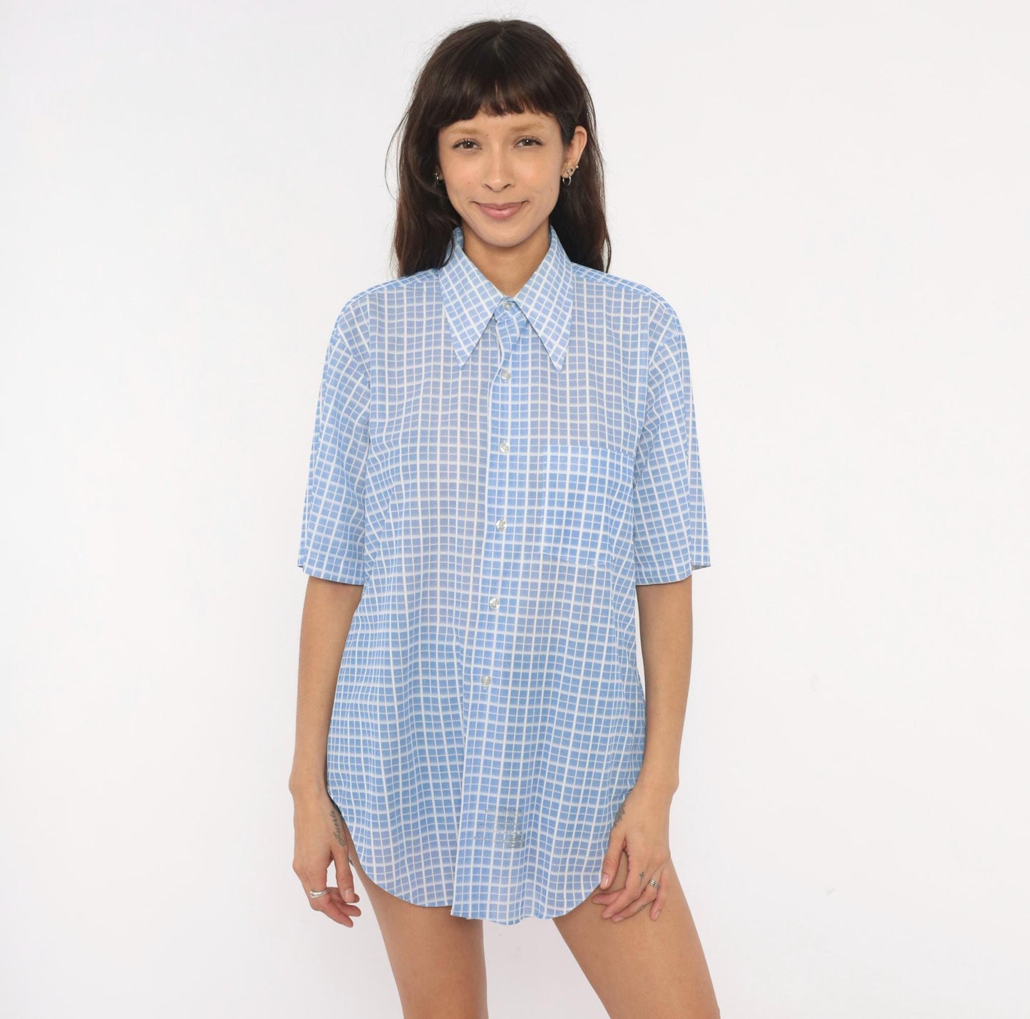 70s Dectolene Blue Windowpane Grid Check Shirt Pointed Collar Extra Large