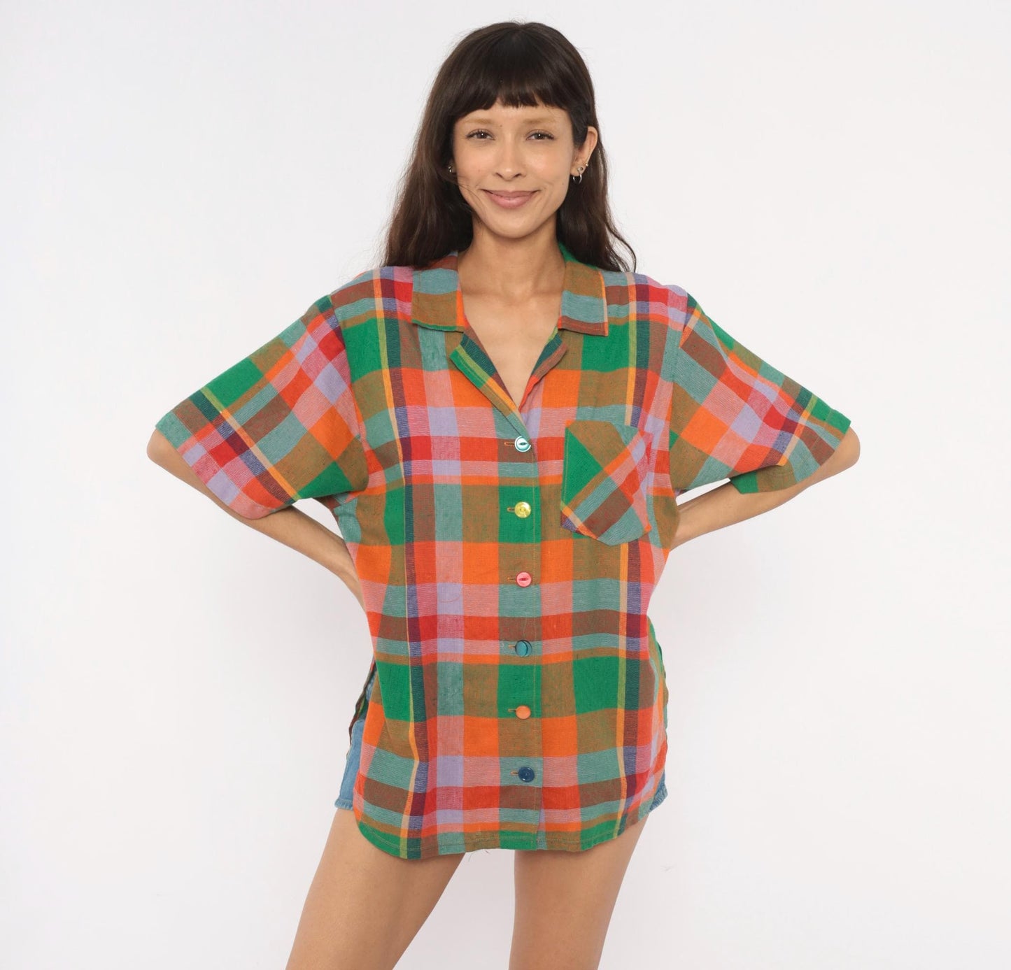 80s Rainbow Plaid Camp Shirt Cotton Button Front Blouse Large L