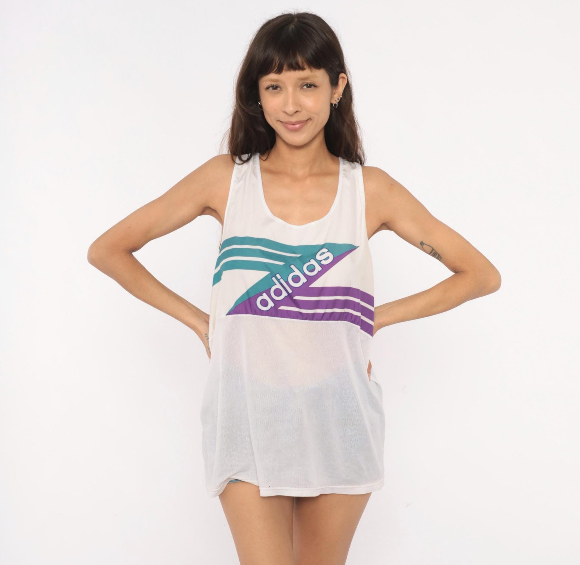 90s Adidas Tank Top White Teal Purple Mesh Athletic Sleeveless Extra Large XL