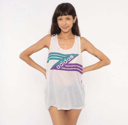 90s Adidas Tank Top White Teal Purple Mesh Athletic Sleeveless Extra Large XL