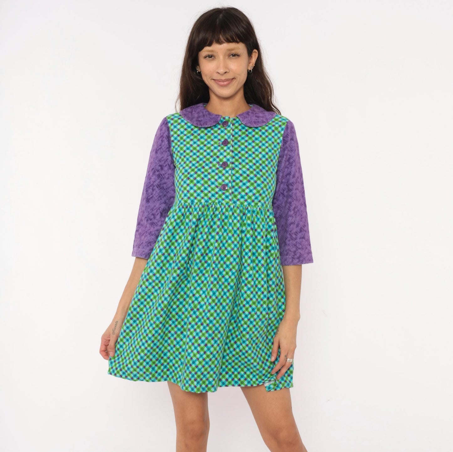 60s Babydoll Dress Purple Green Blue Gingham Peter Pan Collar Mini XS