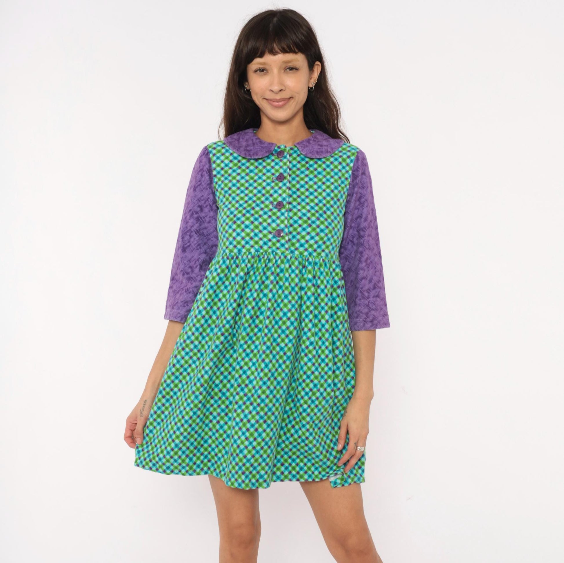 60s Babydoll Dress Purple Green Blue Gingham Peter Pan Collar Mini XS