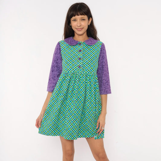 60s Babydoll Dress Purple Green Blue Gingham Peter Pan Collar Mini XS