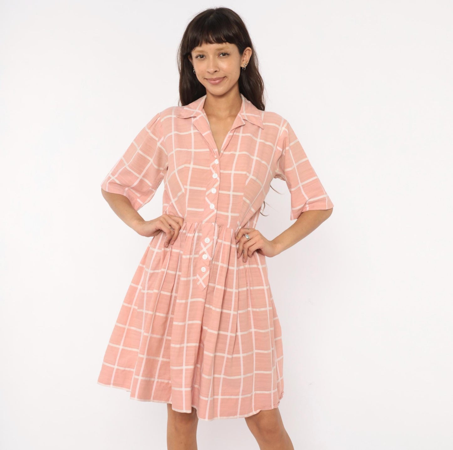1960s Pink Cream Windowpane Shirtdress Cotton Button Front Pleated Large L
