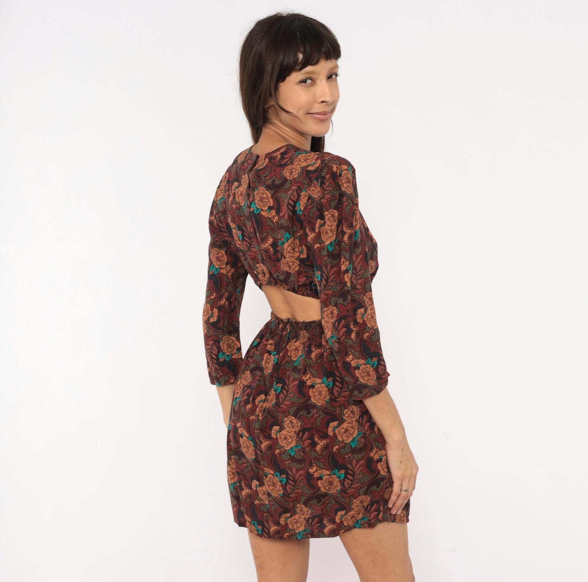 80s Karin Stevens Burgundy Floral Mini Dress Open Back Three Quarter Sleeve Medium