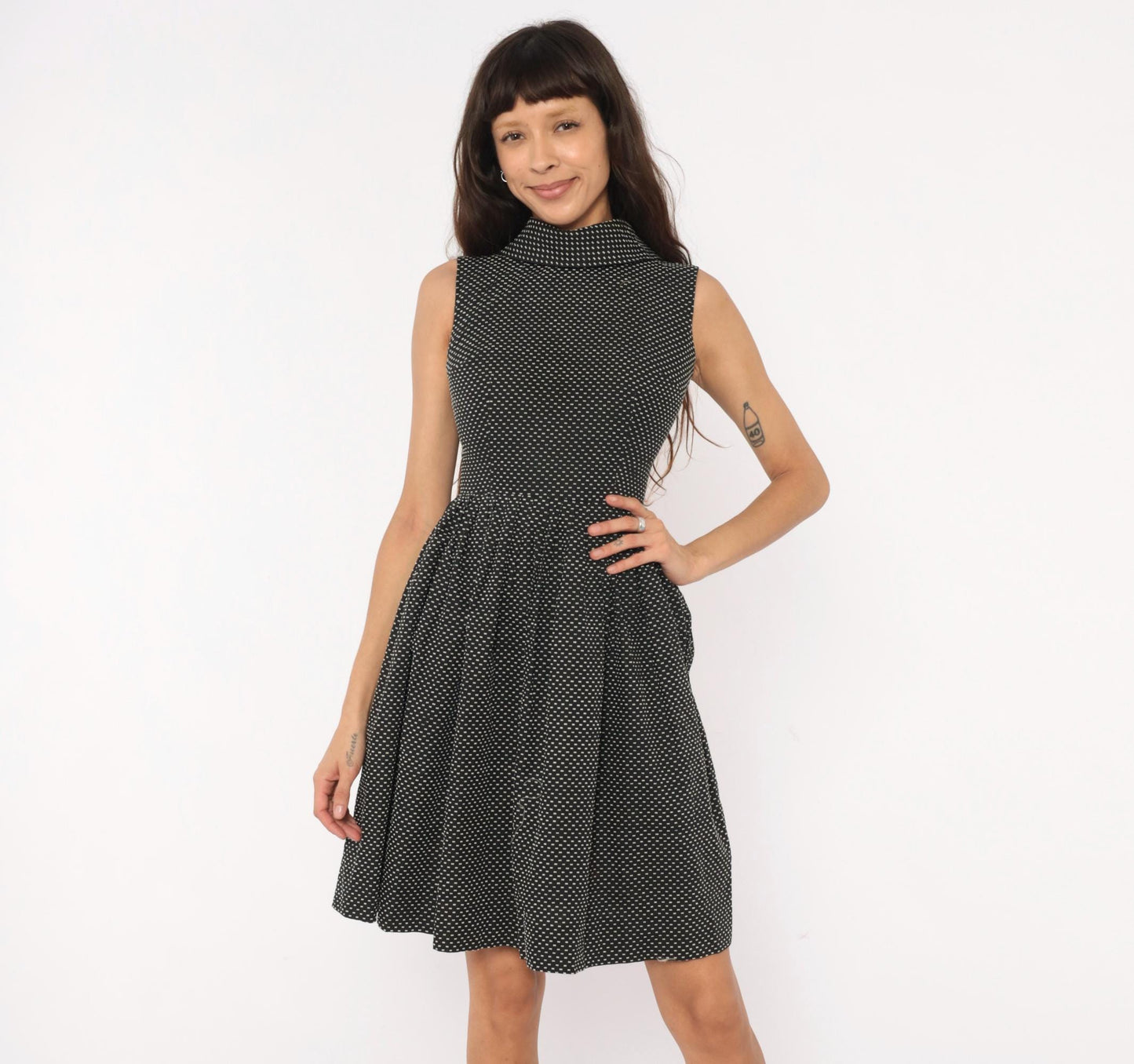 60s Mod Mini Dress Black White Polka Dot Mock Neck Fit Flare Cotton Extra Small