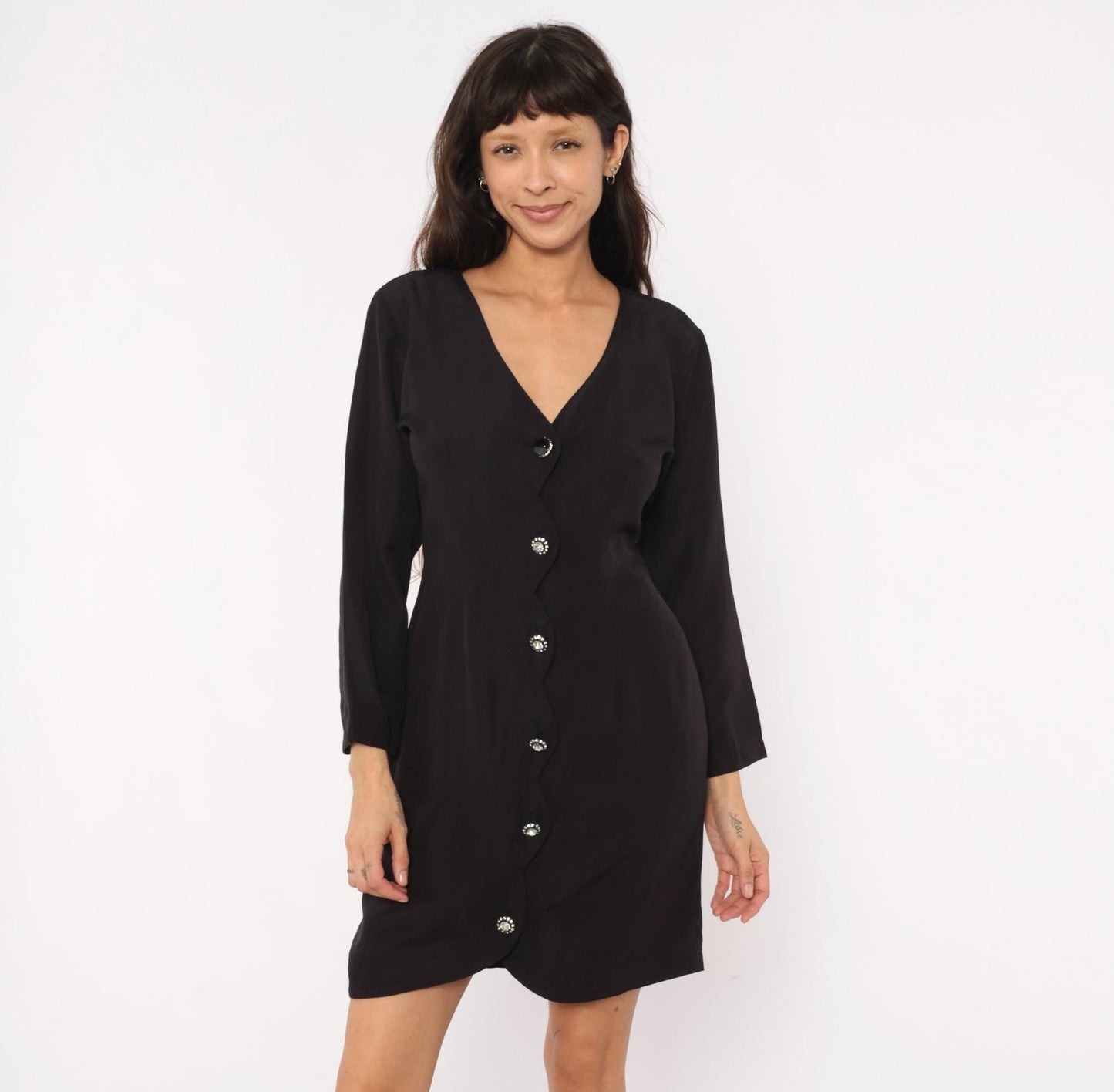 90s La Belle Black Mini Dress V-Neck Rhinestone Buttons Long Sleeve Medium M