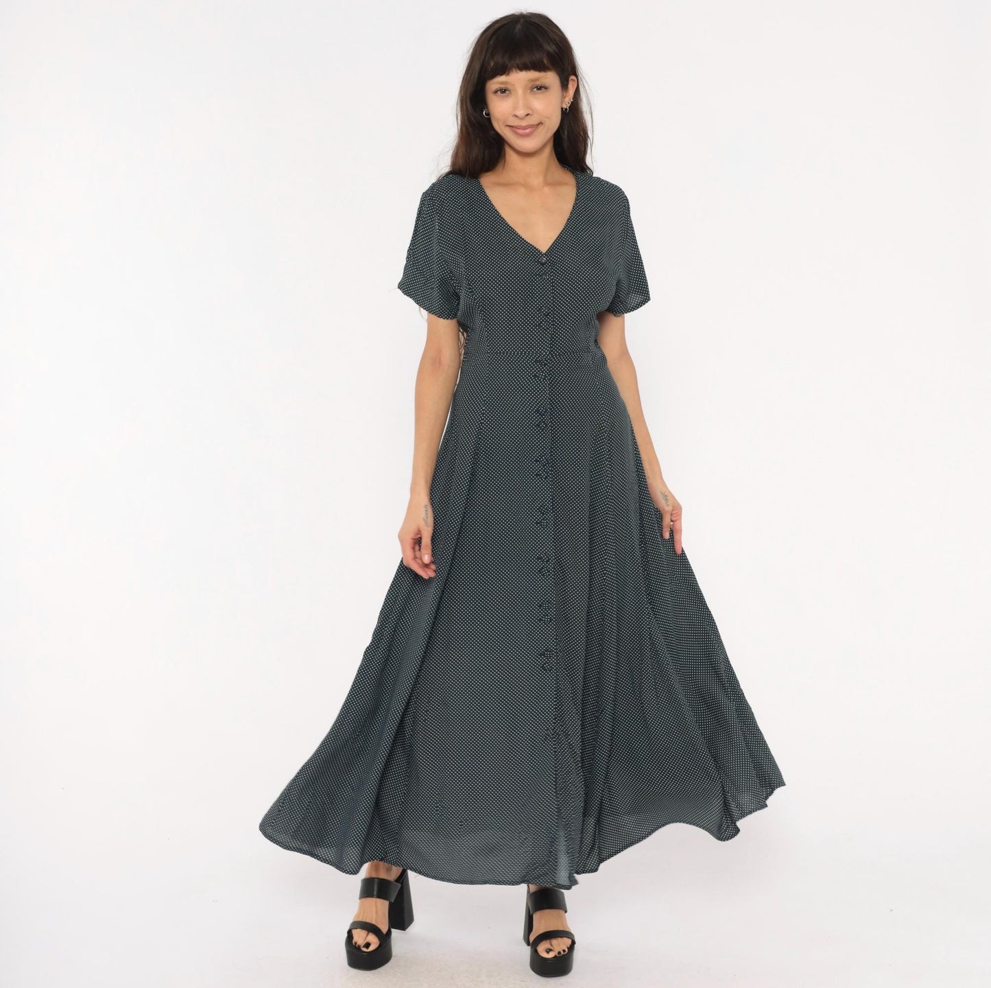 90s New York Style Navy Polka Dot Maxi Dress Button Front Flutter Sleeve Large L