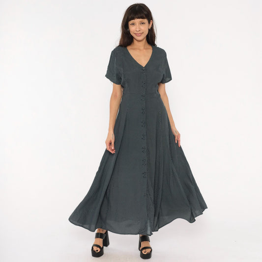 90s New York Style Navy Polka Dot Maxi Dress Button Front Flutter Sleeve Large L
