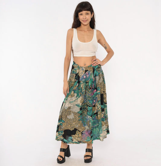 90s Karen Kane Tropical Botanical Midi Skirt Teal Olive Black Medium M