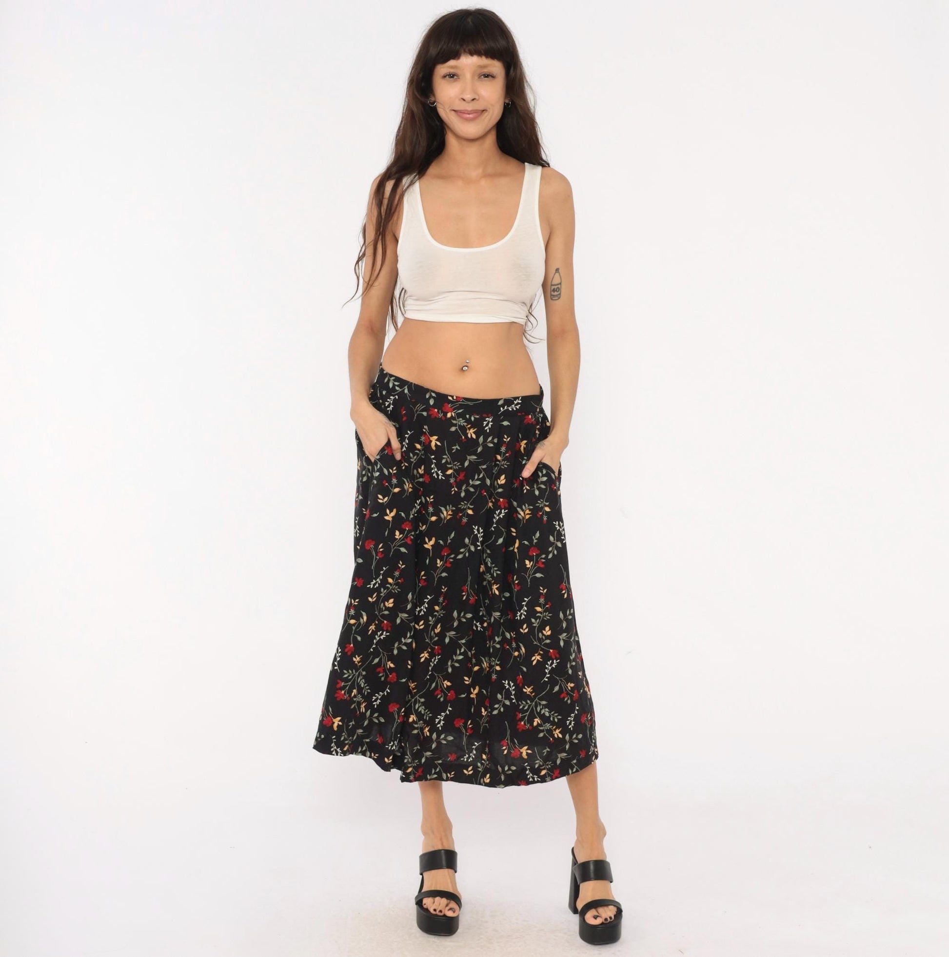 90s Appleseeds Botanical Midi Skirt Black Floral Red Green Extra Large XL