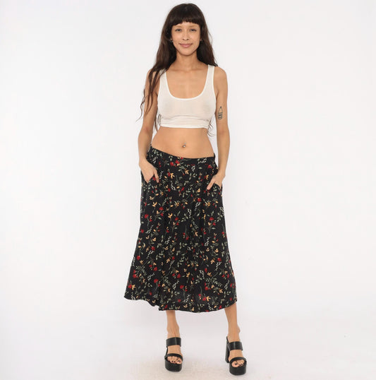 90s Appleseeds Botanical Midi Skirt Black Floral Red Green Extra Large XL