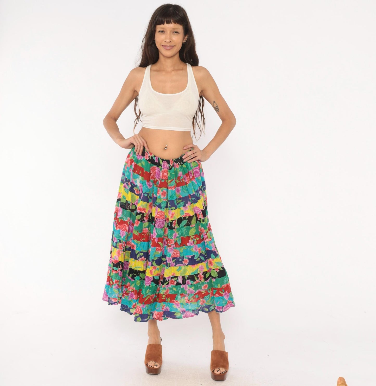 90s Sportique Patchwork Tiered Skirt Floral Rose Cotton Gauze Small