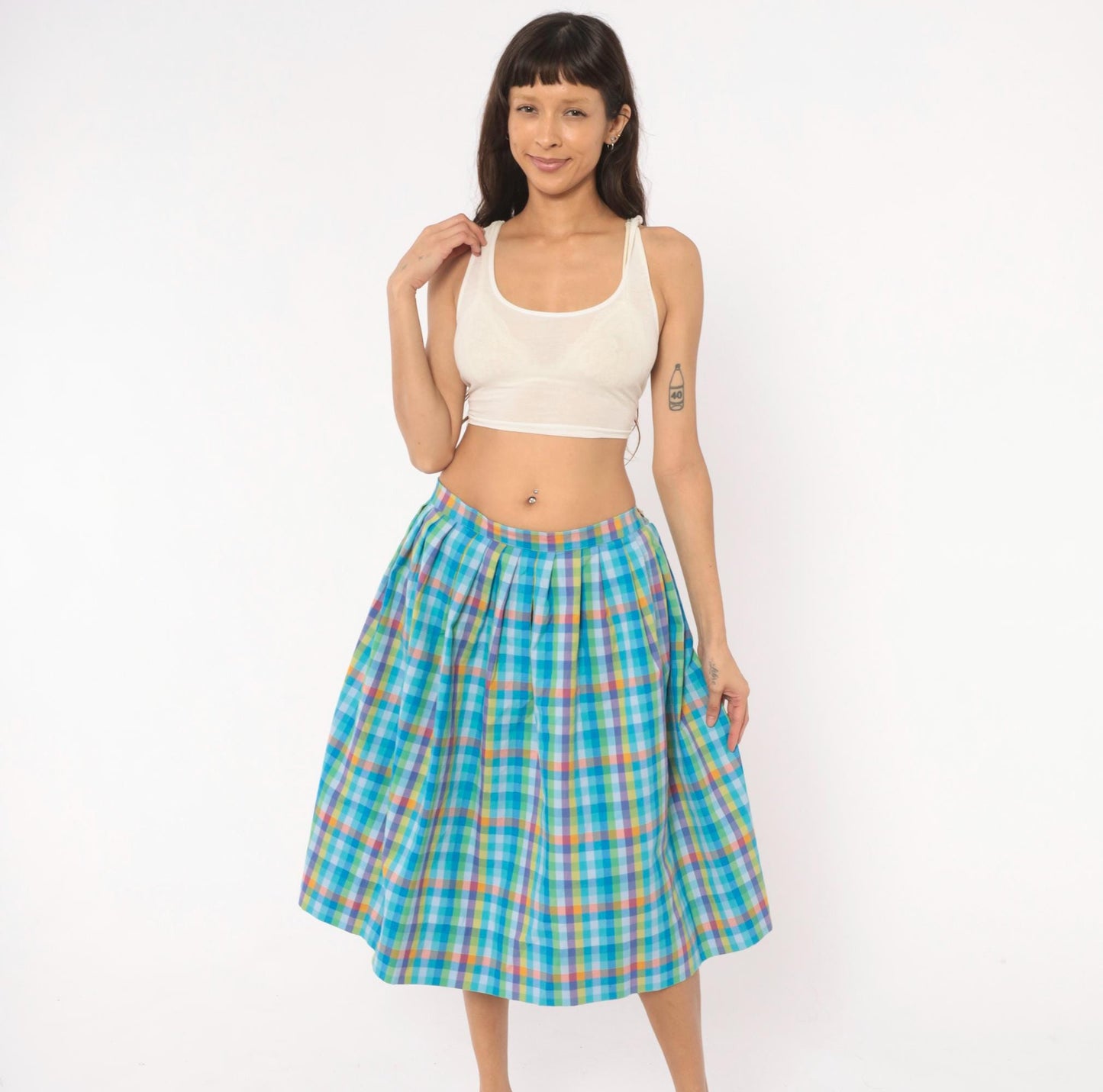 80s Rainbow Gingham Pleated Knee Skirt Cotton Multicolor Large L