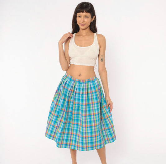 80s Rainbow Gingham Pleated Knee Skirt Cotton Multicolor Large L