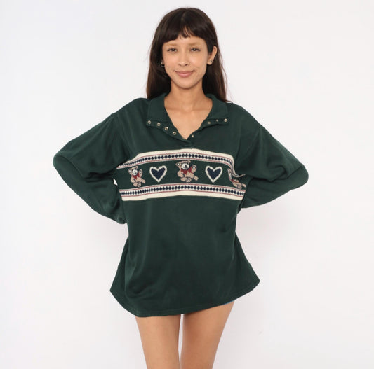 90s Carolina Teddy Bear Fair Isle Pullover Forest Green Knit Large L