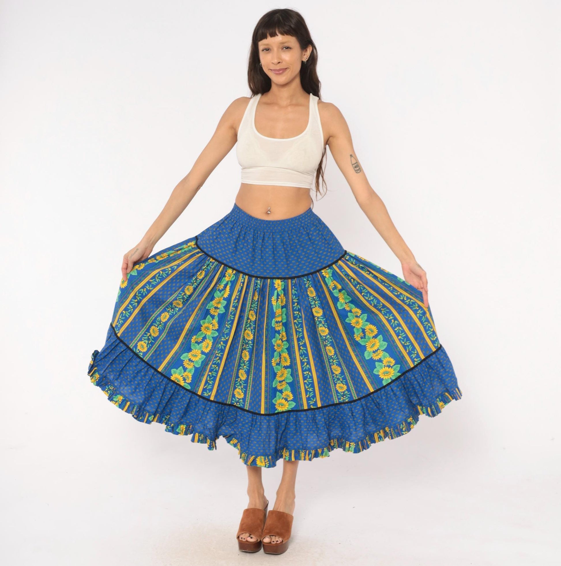 90s Solymod Sunflower Tiered Midi Skirt Blue Cotton Ruffle Small