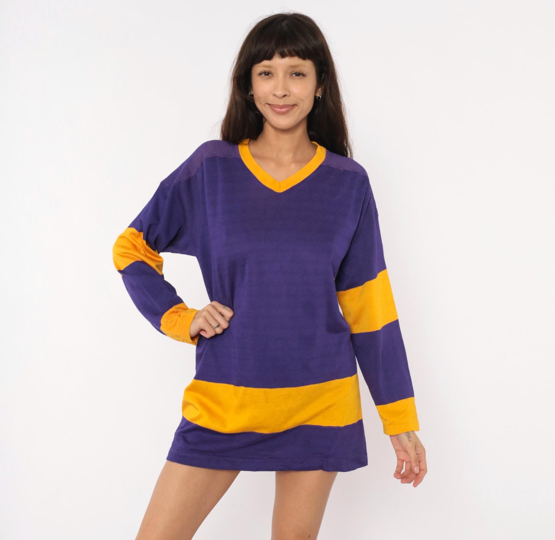 70s Purple Gold Striped V-Neck Pullover Jersey Long Sleeve Small