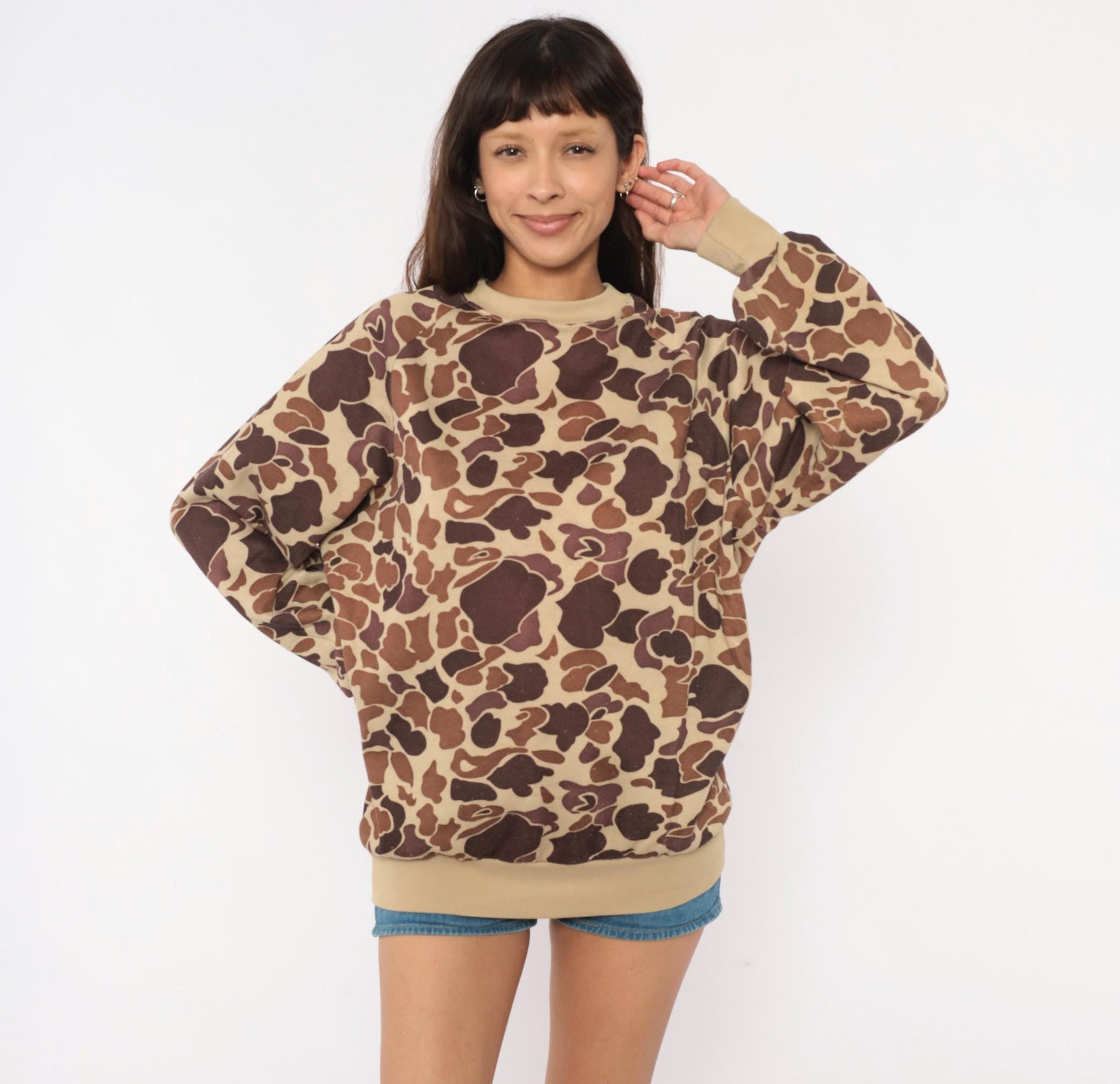 80s Duck Bay Camo Crewneck Sweatshirt Tan Brown Raglan Extra Large XL