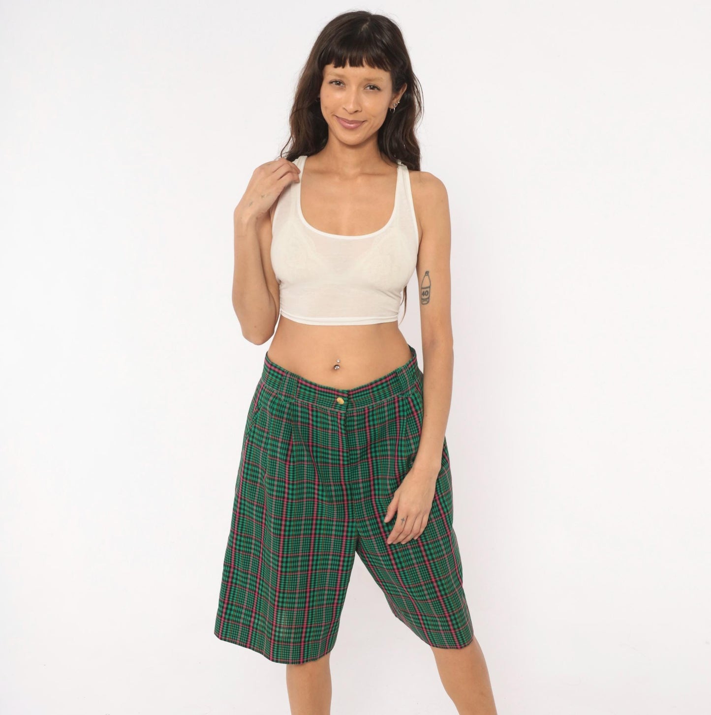 90s Green Plaid Bermuda Shorts High Rise Pleated Tartan Pink Preppy Medium