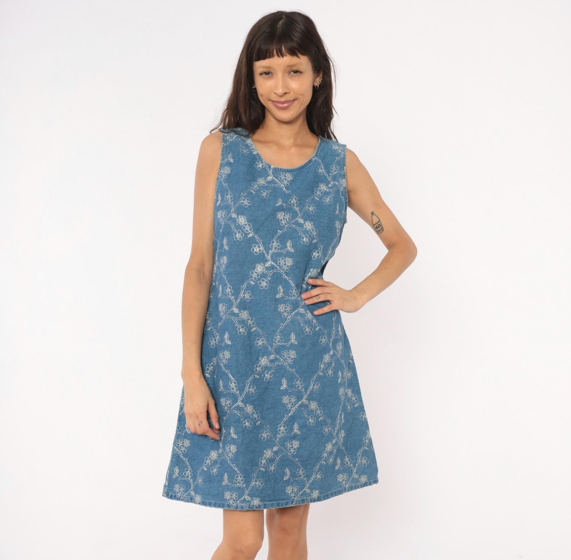 90s Vision Apparel Denim Dress Floral Embroidered Blue Sleeveless Large L