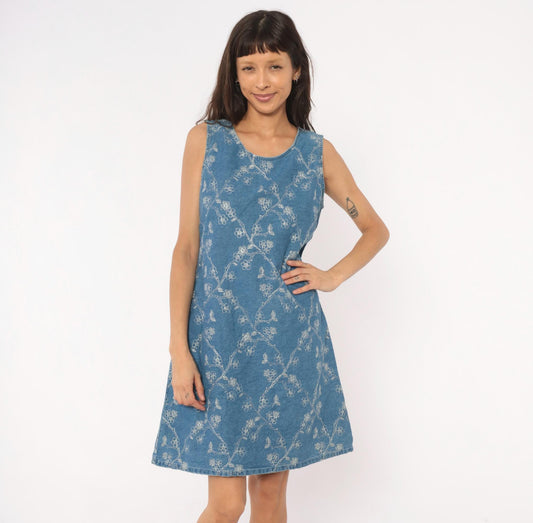 90s Vision Apparel Denim Dress Floral Embroidered Blue Sleeveless Large L