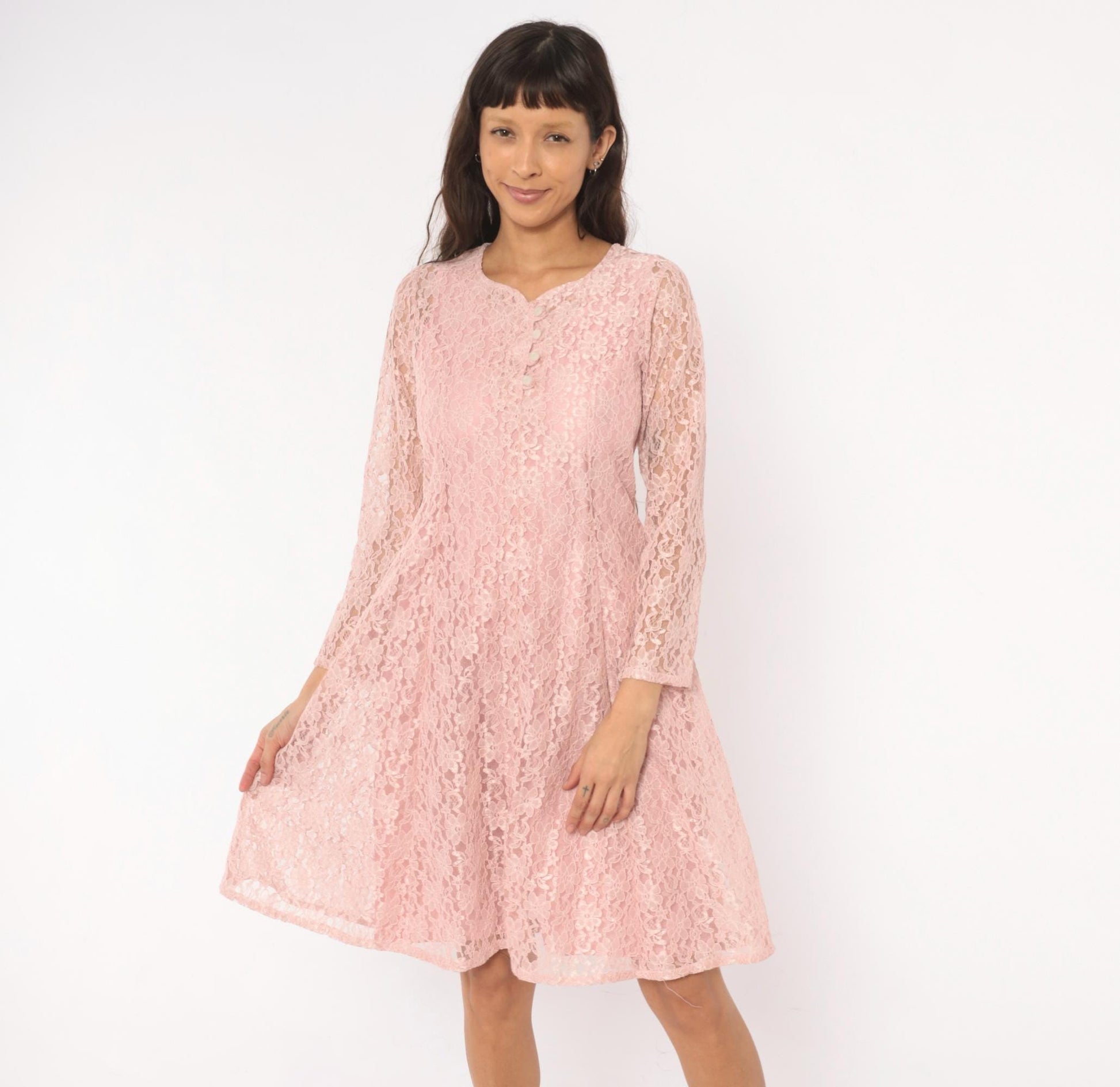 90s Allison Ann Blush Floral Lace Dress Button Front Corset Back Large L