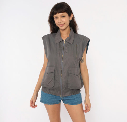 80s Fog Cutter Grey Utility Vest Cotton Zip Cargo Pockets Medium